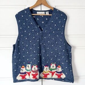 Vintage Marisa Christina Christmas Sweater Vest XL Blue Bears Carolers Snowflake
